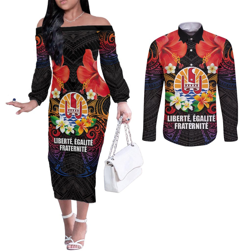 French Polynesia Bastille Day Couples Matching Off The Shoulder Long Sleeve Dress and Long Sleeve Button Shirt Tiare Flower and National Seal Polynesian Pattern