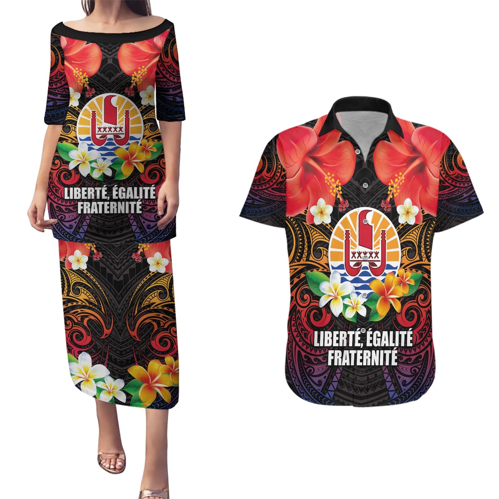 French Polynesia Bastille Day Couples Matching Puletasi and Hawaiian Shirt Tiare Flower and National Seal Polynesian Pattern