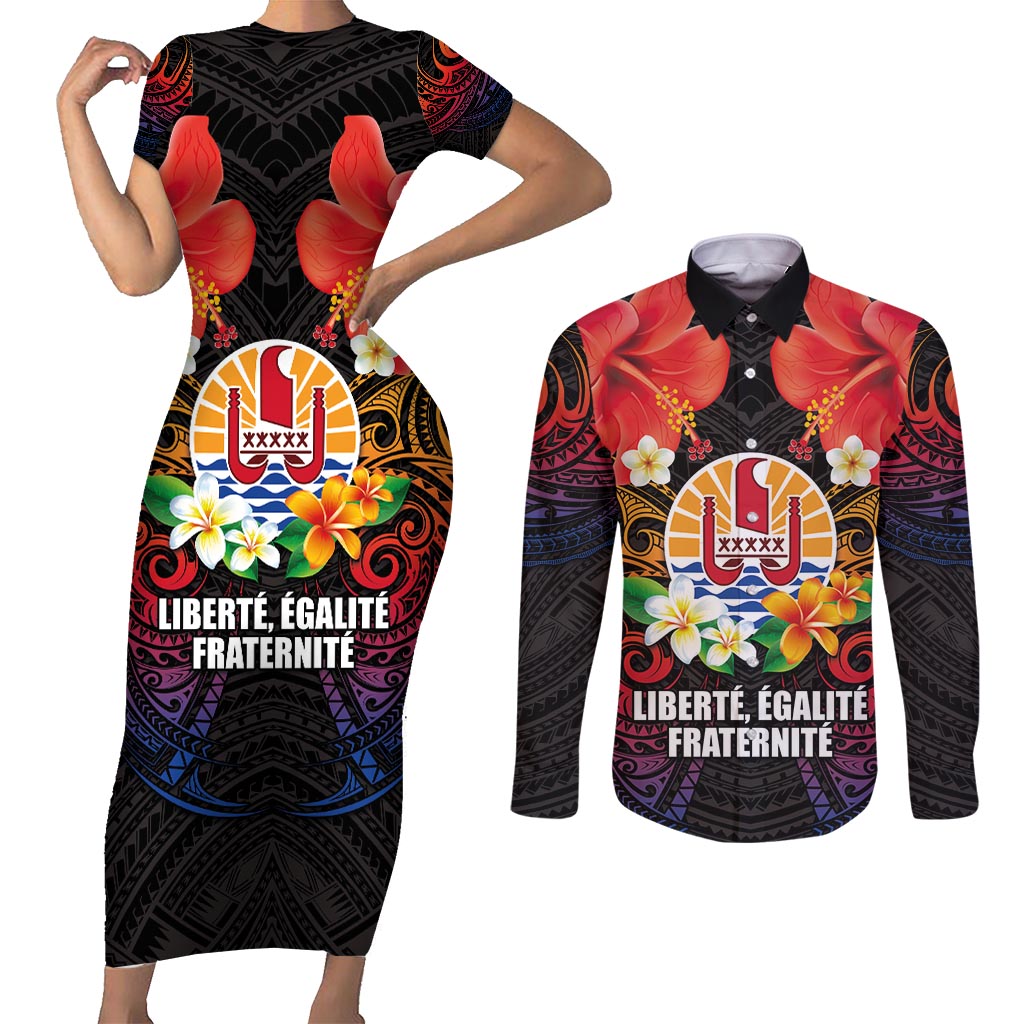 French Polynesia Bastille Day Couples Matching Short Sleeve Bodycon Dress and Long Sleeve Button Shirt Tiare Flower and National Seal Polynesian Pattern