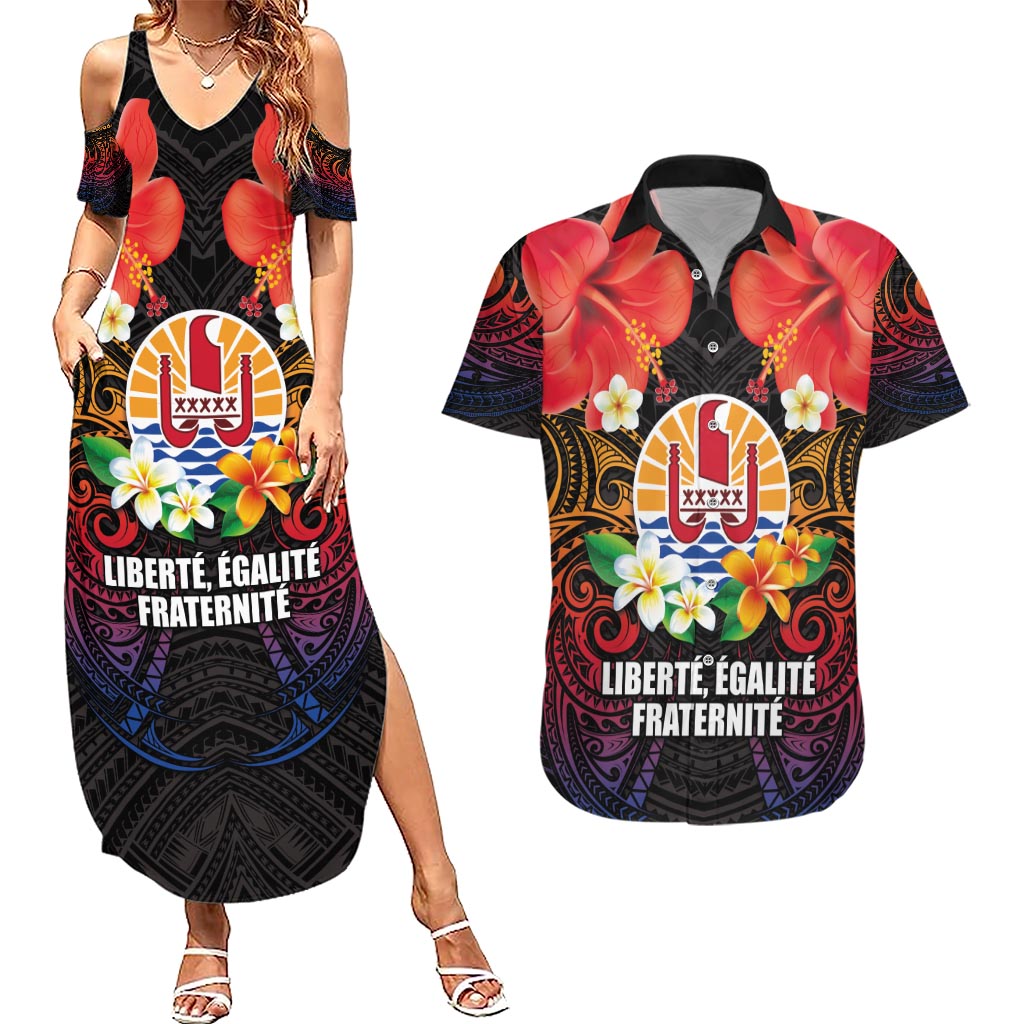 French Polynesia Bastille Day Couples Matching Summer Maxi Dress and Hawaiian Shirt Tiare Flower and National Seal Polynesian Pattern