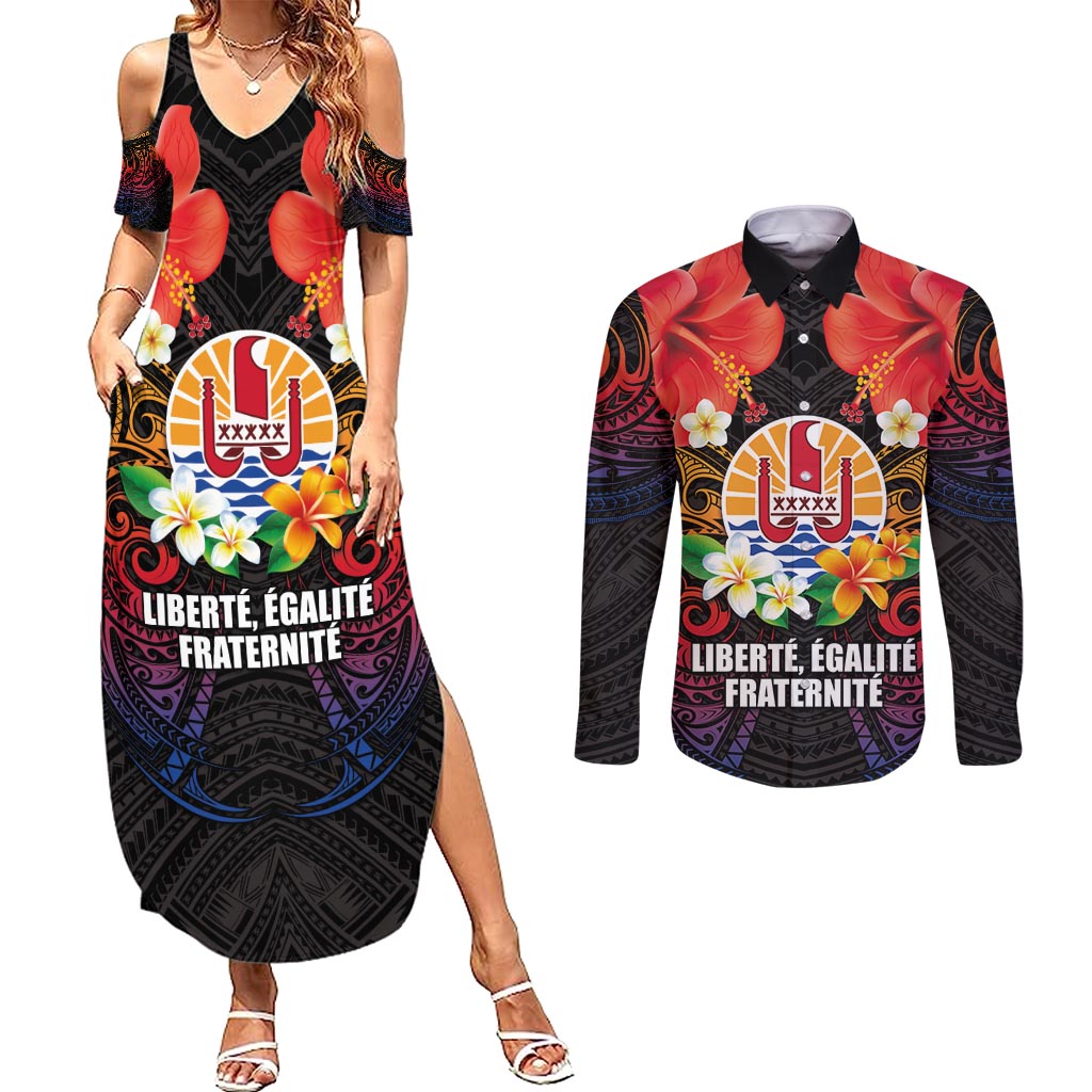 French Polynesia Bastille Day Couples Matching Summer Maxi Dress and Long Sleeve Button Shirt Tiare Flower and National Seal Polynesian Pattern
