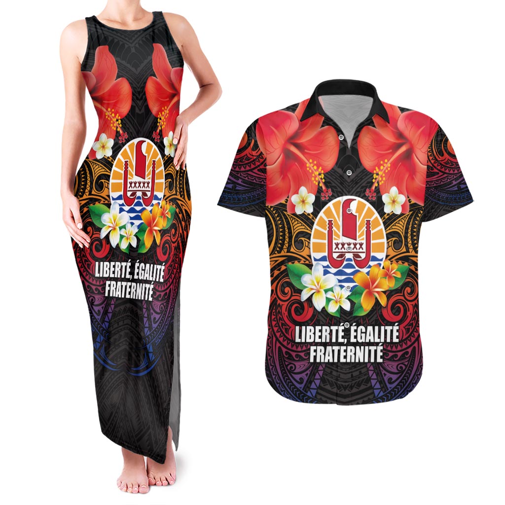 French Polynesia Bastille Day Couples Matching Tank Maxi Dress and Hawaiian Shirt Tiare Flower and National Seal Polynesian Pattern