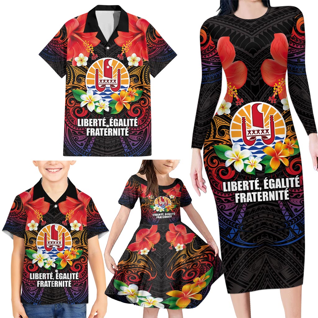 French Polynesia Bastille Day Family Matching Long Sleeve Bodycon Dress and Hawaiian Shirt Tiare Flower and National Seal Polynesian Pattern