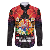 French Polynesia Bastille Day Family Matching Long Sleeve Bodycon Dress and Hawaiian Shirt Tiare Flower and National Seal Polynesian Pattern LT03 Dad's Shirt - Long Sleeve Black - Polynesian Pride