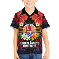 French Polynesia Bastille Day Family Matching Long Sleeve Bodycon Dress and Hawaiian Shirt Tiare Flower and National Seal Polynesian Pattern LT03 Son's Shirt Black - Polynesian Pride