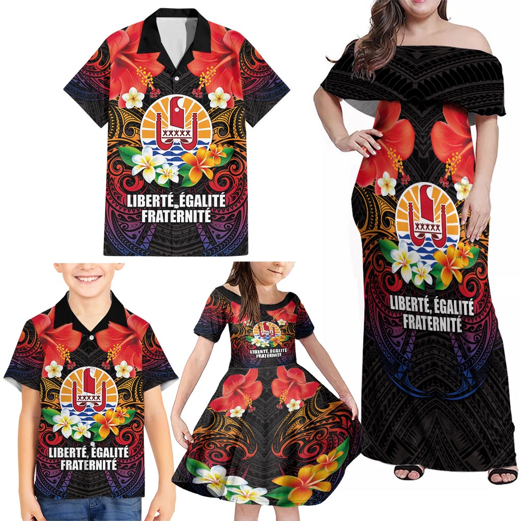 French Polynesia Bastille Day Family Matching Off Shoulder Maxi Dress and Hawaiian Shirt Tiare Flower and National Seal Polynesian Pattern LT03 - Polynesian Pride