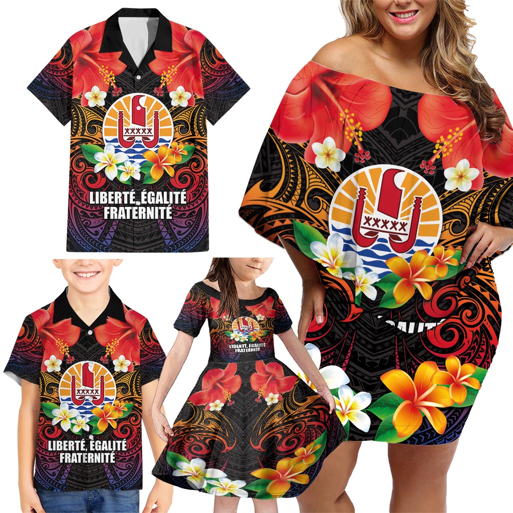 French Polynesia Bastille Day Family Matching Off Shoulder Short Dress and Hawaiian Shirt Tiare Flower and National Seal Polynesian Pattern