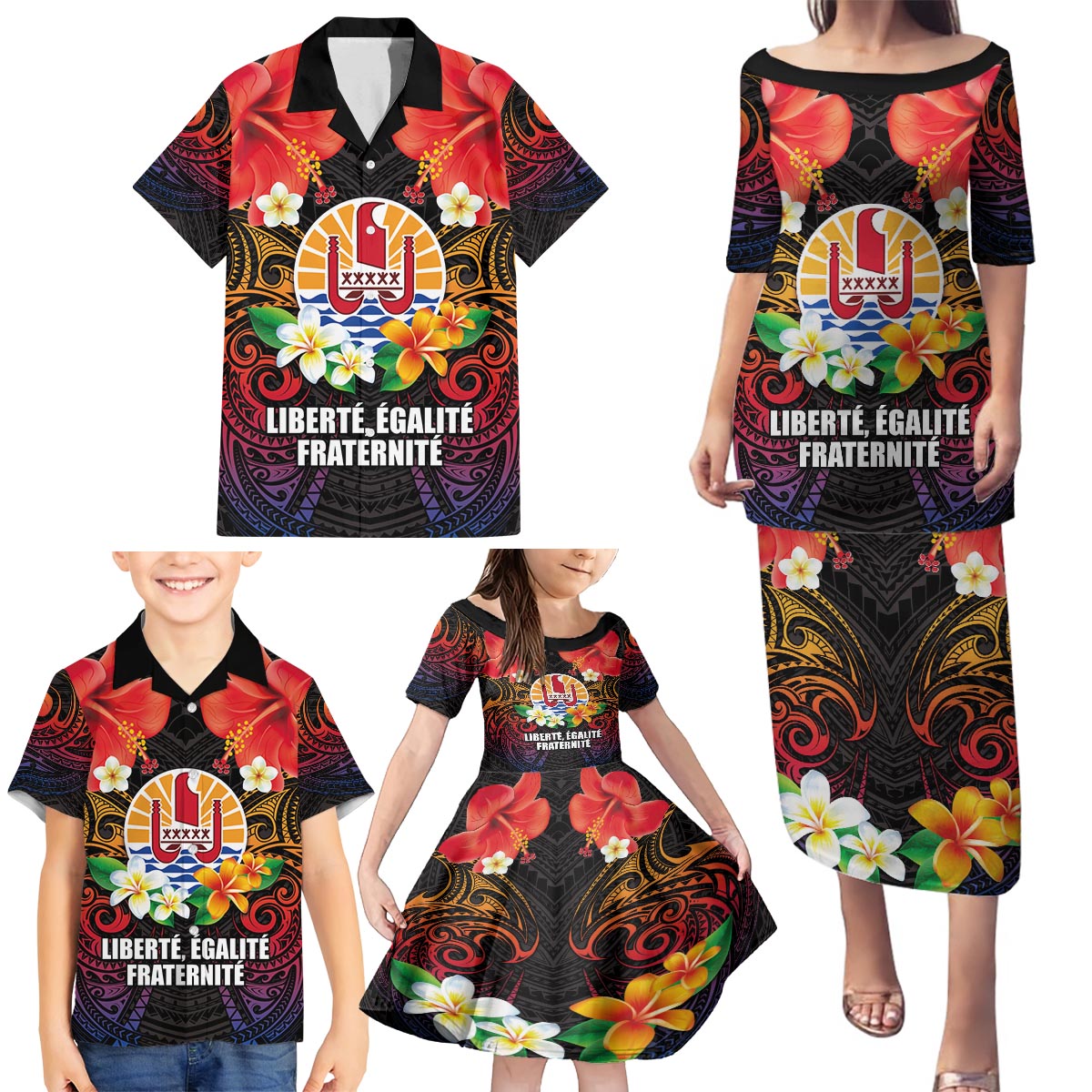 French Polynesia Bastille Day Family Matching Puletasi and Hawaiian Shirt Tiare Flower and National Seal Polynesian Pattern LT03 - Polynesian Pride