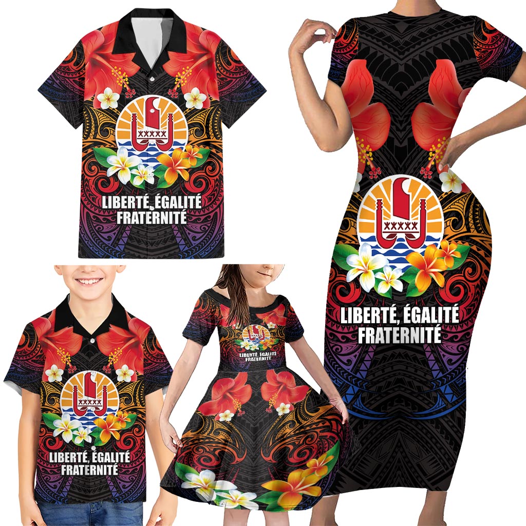 French Polynesia Bastille Day Family Matching Short Sleeve Bodycon Dress and Hawaiian Shirt Tiare Flower and National Seal Polynesian Pattern