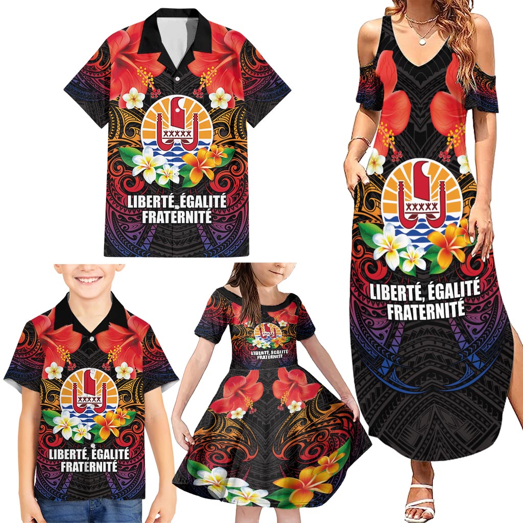 French Polynesia Bastille Day Family Matching Summer Maxi Dress and Hawaiian Shirt Tiare Flower and National Seal Polynesian Pattern