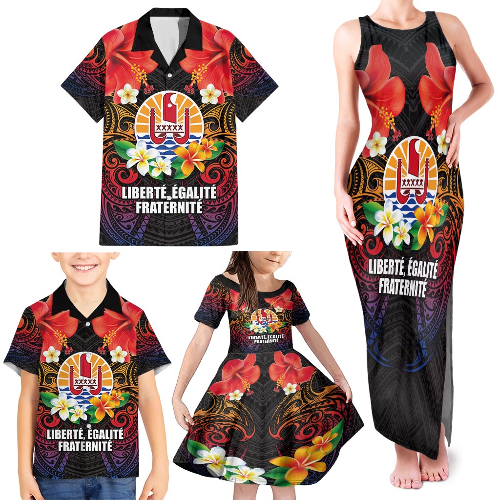 French Polynesia Bastille Day Family Matching Tank Maxi Dress and Hawaiian Shirt Tiare Flower and National Seal Polynesian Pattern