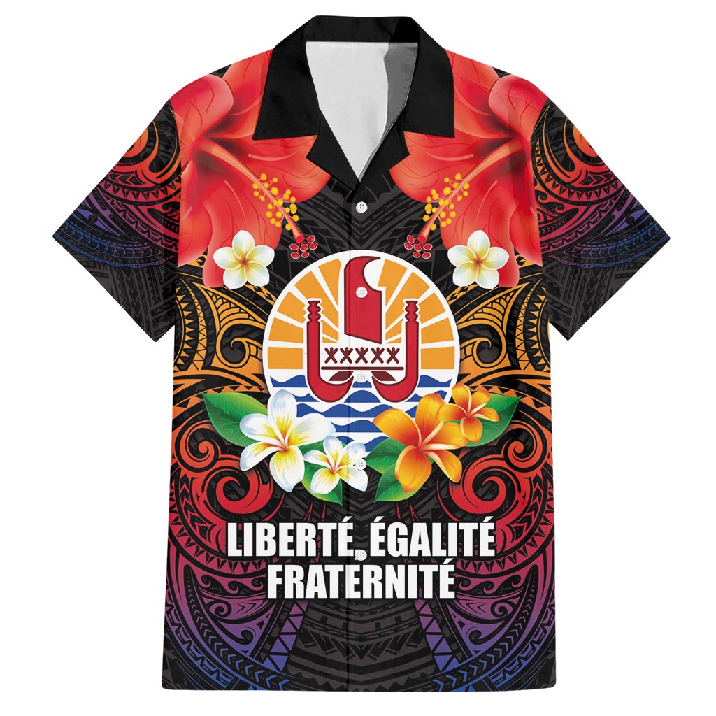 French Polynesia Bastille Day Hawaiian Shirt Tiare Flower and National Seal Polynesian Pattern LT03 Black - Polynesian Pride