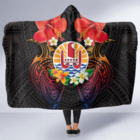 French Polynesia Bastille Day Hooded Blanket Tiare Flower and National Seal Polynesian Pattern LT03 One Size Black - Polynesian Pride