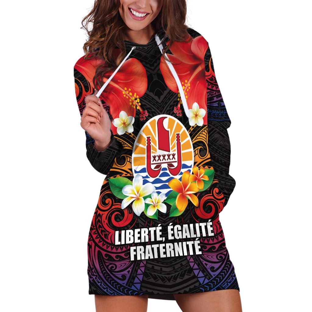 French Polynesia Bastille Day Hoodie Dress Tiare Flower and National Seal Polynesian Pattern LT03 Black - Polynesian Pride