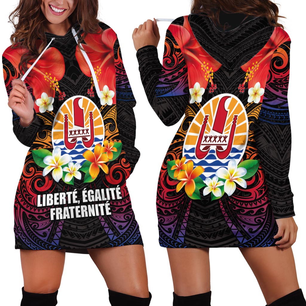 French Polynesia Bastille Day Hoodie Dress Tiare Flower and National Seal Polynesian Pattern LT03 - Polynesian Pride