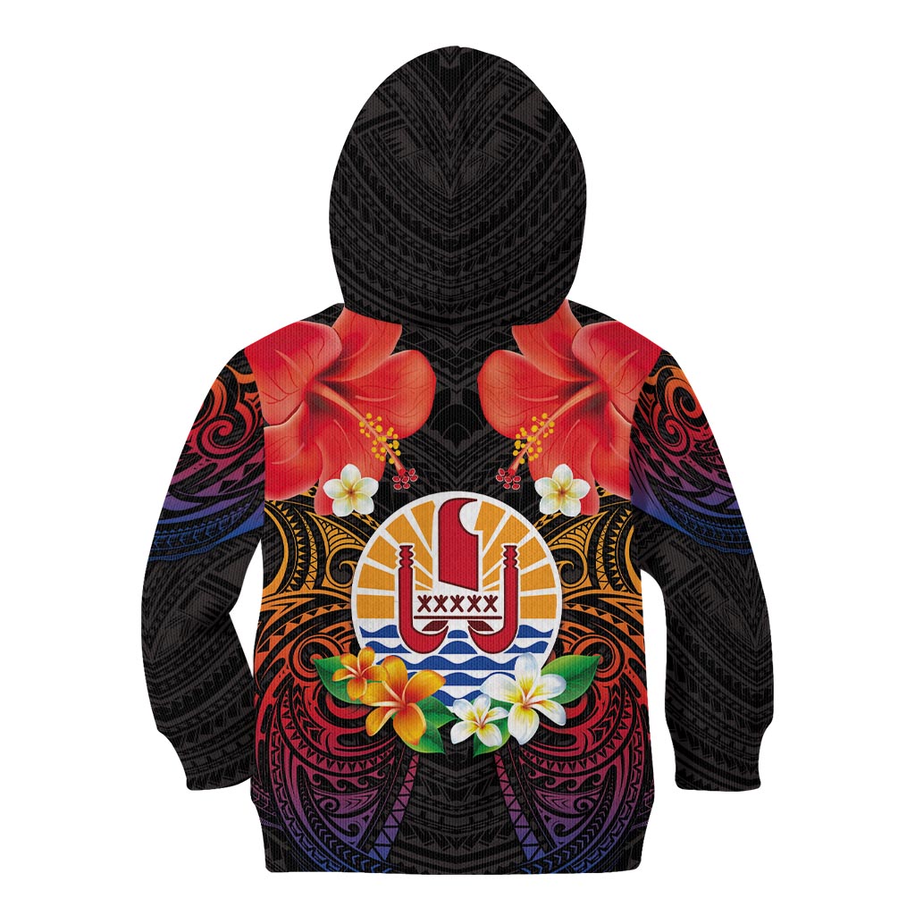 French Polynesia Bastille Day Kid Hoodie Tiare Flower and National Seal Polynesian Pattern