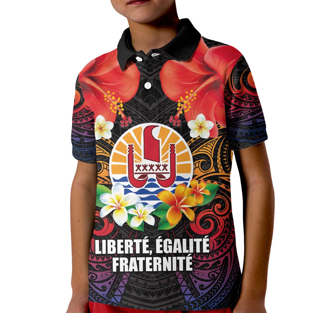 French Polynesia Bastille Day Kid Polo Shirt Tiare Flower and National Seal Polynesian Pattern