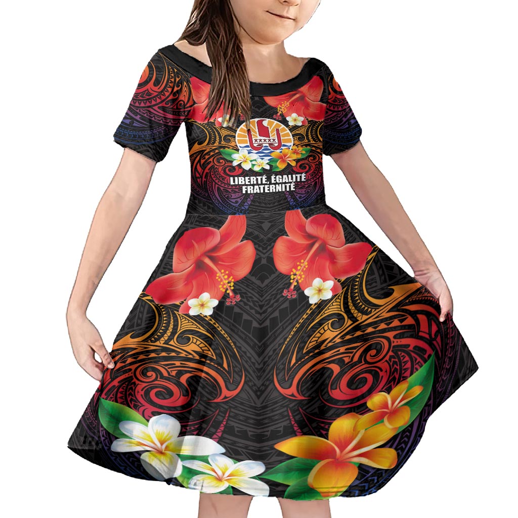 French Polynesia Bastille Day Kid Short Sleeve Dress Tiare Flower and National Seal Polynesian Pattern