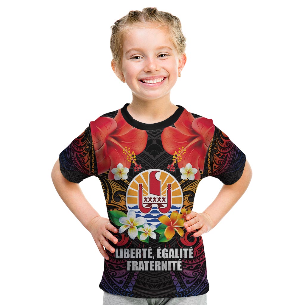 French Polynesia Bastille Day Kid T Shirt Tiare Flower and National Seal Polynesian Pattern