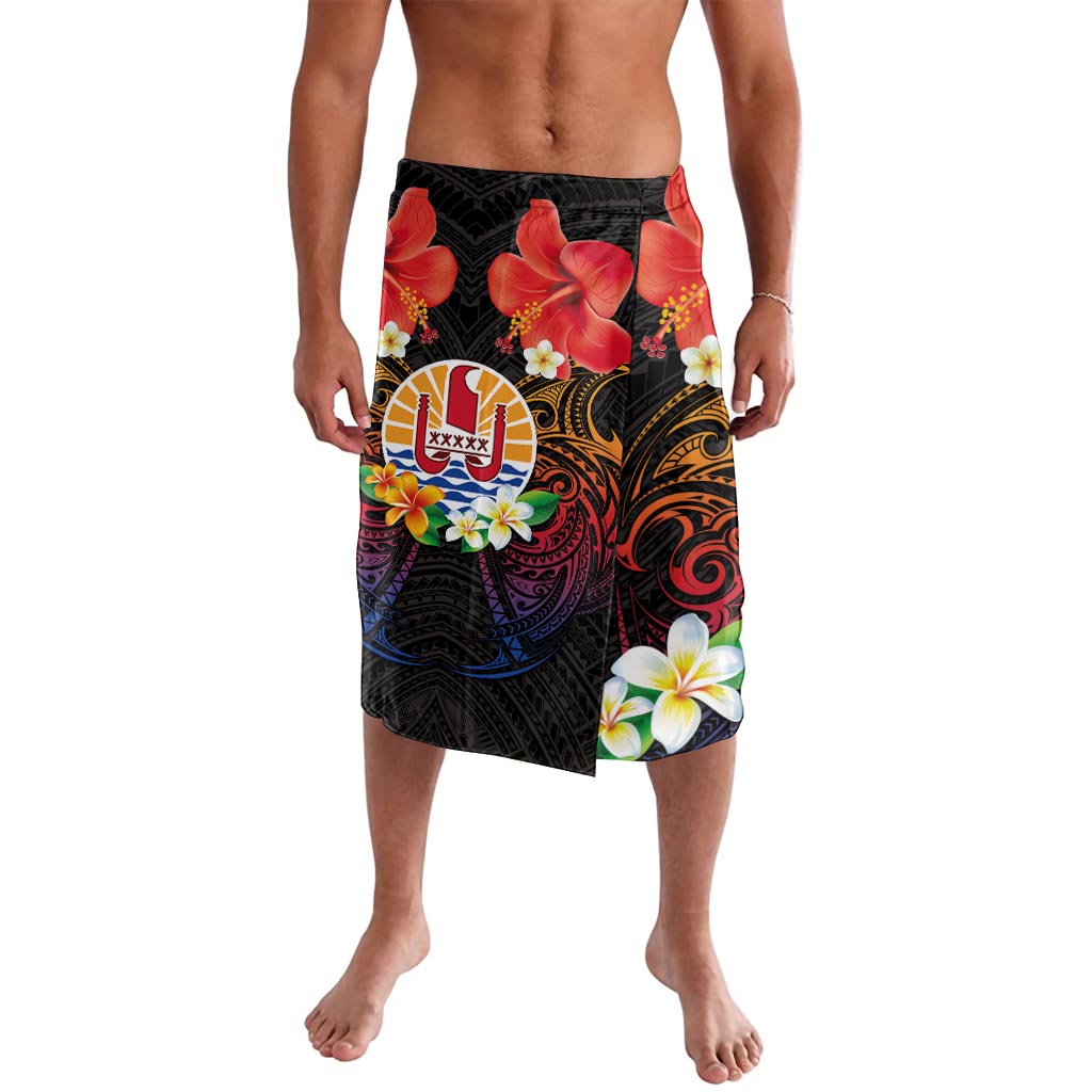 French Polynesia Bastille Day Lavalava Tiare Flower and National Seal Polynesian Pattern LT03 Black - Polynesian Pride