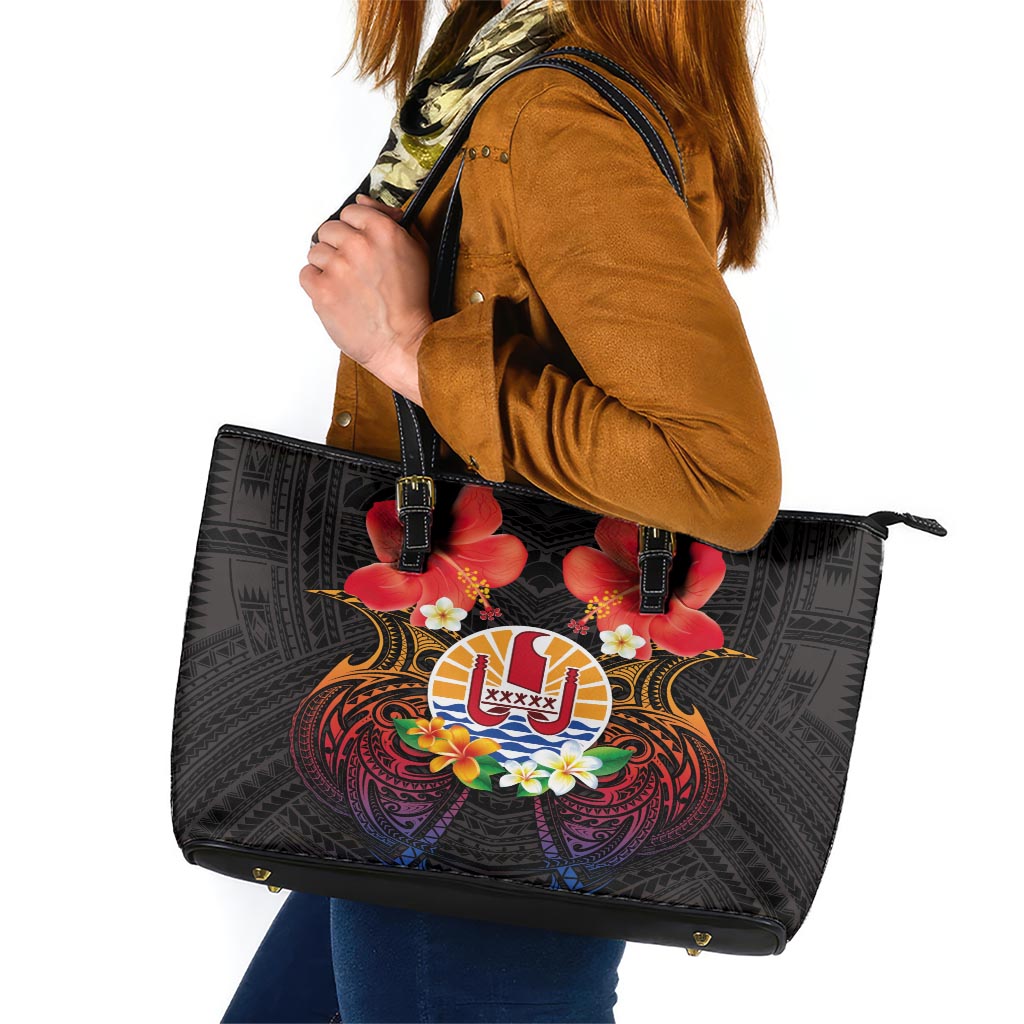 French Polynesia Bastille Day Leather Tote Bag Tiare Flower and National Seal Polynesian Pattern LT03 Black - Polynesian Pride
