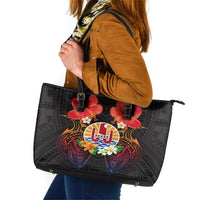 French Polynesia Bastille Day Leather Tote Bag Tiare Flower and National Seal Polynesian Pattern LT03 Black - Polynesian Pride