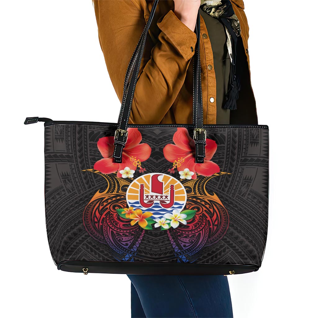 French Polynesia Bastille Day Leather Tote Bag Tiare Flower and National Seal Polynesian Pattern LT03 - Polynesian Pride