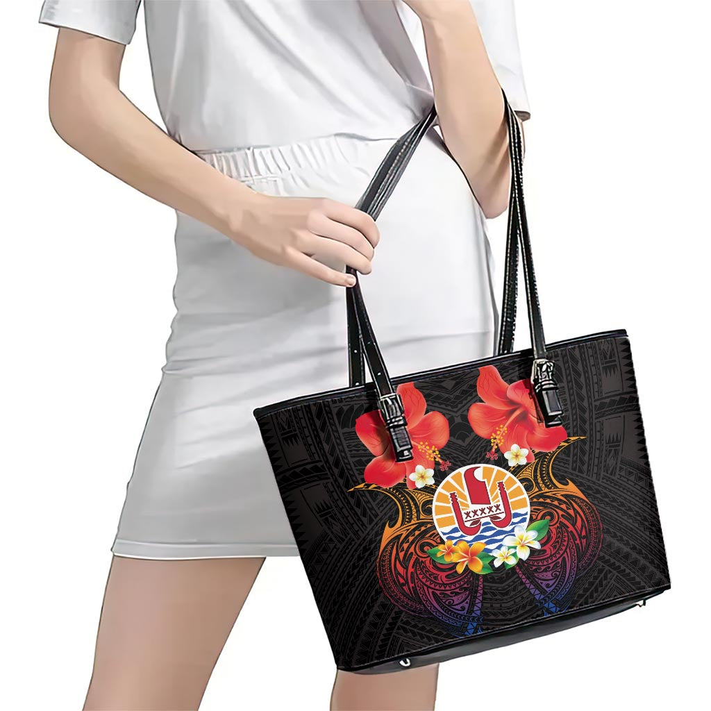 French Polynesia Bastille Day Leather Tote Bag Tiare Flower and National Seal Polynesian Pattern LT03 - Polynesian Pride