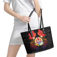 French Polynesia Bastille Day Leather Tote Bag Tiare Flower and National Seal Polynesian Pattern LT03 - Polynesian Pride