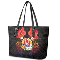 French Polynesia Bastille Day Leather Tote Bag Tiare Flower and National Seal Polynesian Pattern LT03 - Polynesian Pride