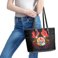 French Polynesia Bastille Day Leather Tote Bag Tiare Flower and National Seal Polynesian Pattern LT03 - Polynesian Pride