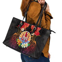 French Polynesia Bastille Day Leather Tote Bag Tiare Flower and National Seal Polynesian Pattern LT03 - Polynesian Pride