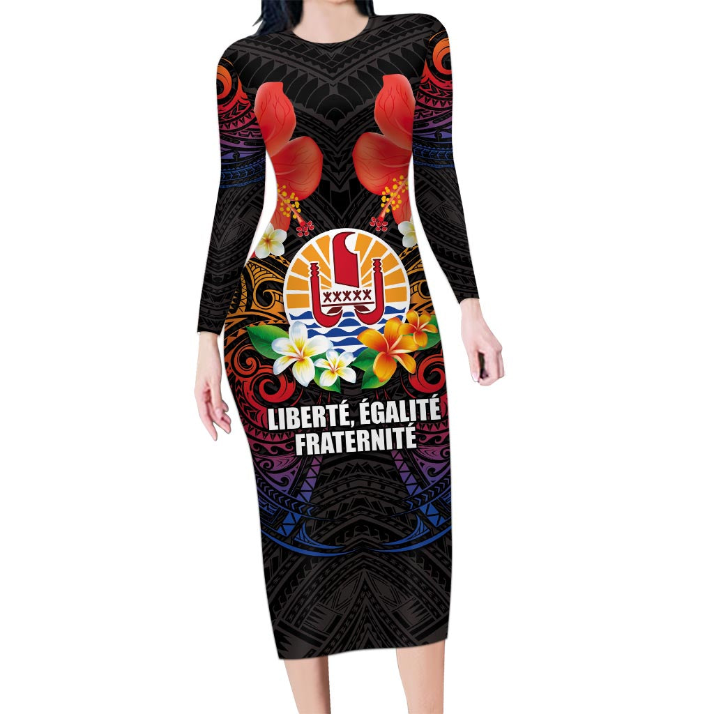 French Polynesia Bastille Day Long Sleeve Bodycon Dress Tiare Flower and National Seal Polynesian Pattern