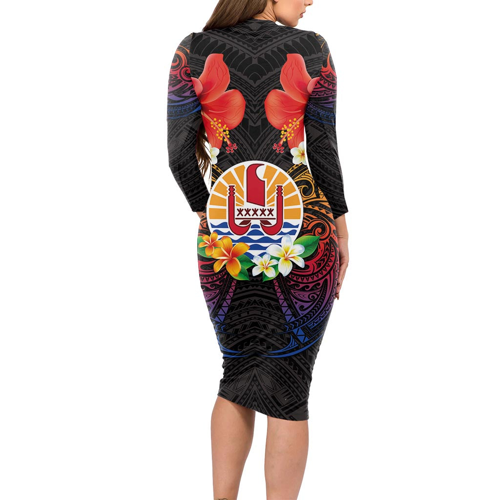 French Polynesia Bastille Day Long Sleeve Bodycon Dress Tiare Flower and National Seal Polynesian Pattern