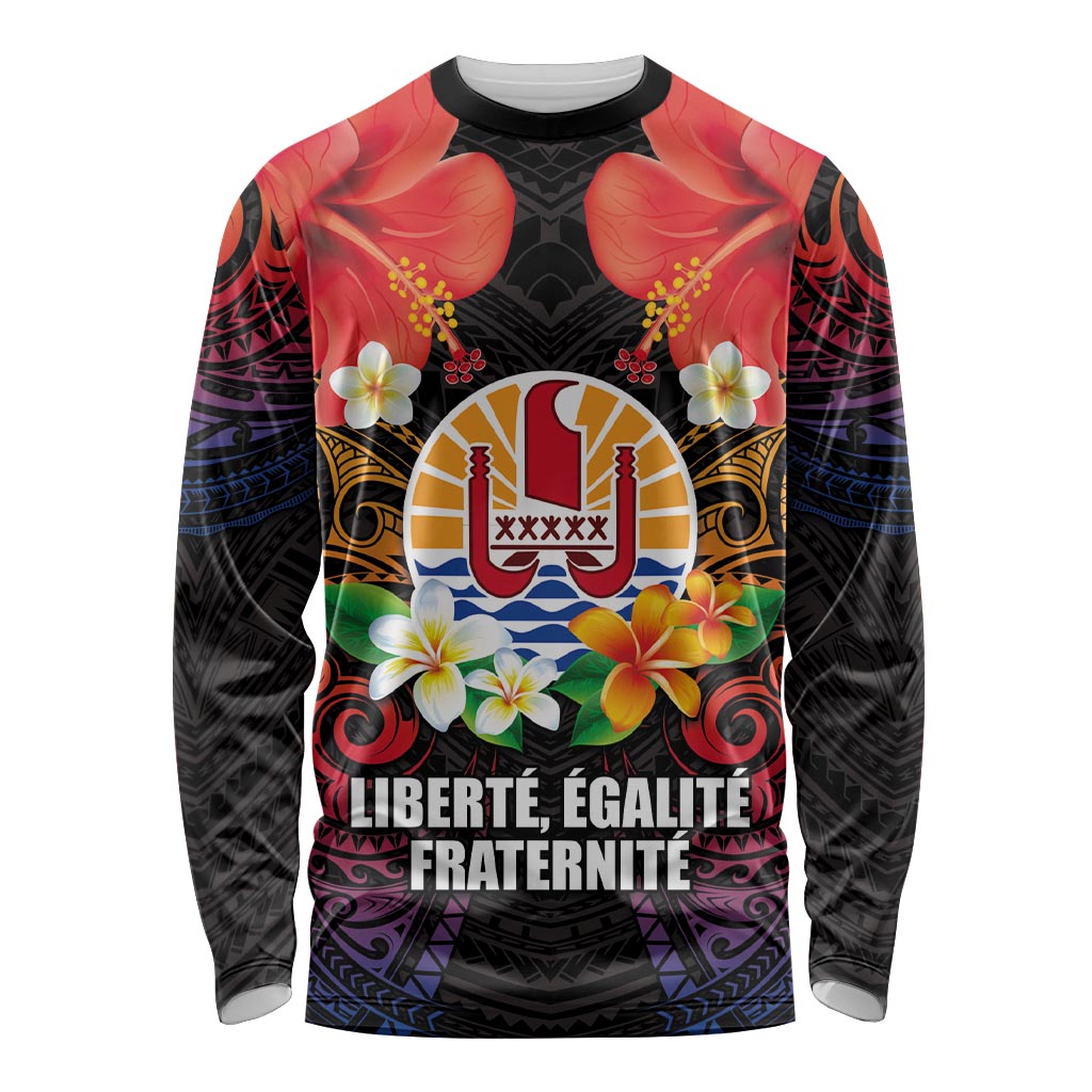 French Polynesia Bastille Day Long Sleeve Shirt Tiare Flower and National Seal Polynesian Pattern