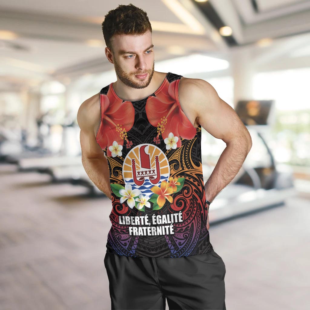 French Polynesia Bastille Day Men Tank Top Tiare Flower and National Seal Polynesian Pattern LT03 Black - Polynesian Pride
