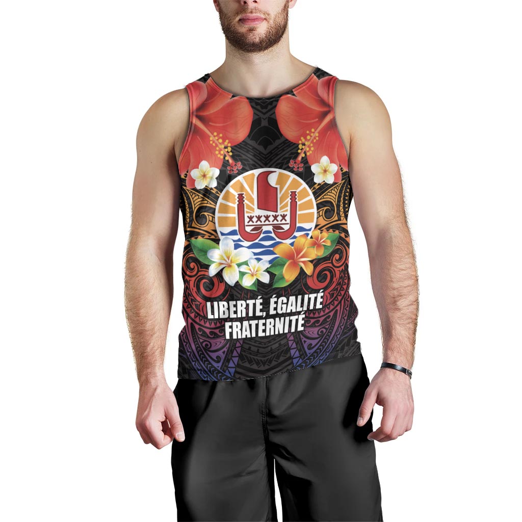 French Polynesia Bastille Day Men Tank Top Tiare Flower and National Seal Polynesian Pattern LT03 - Polynesian Pride