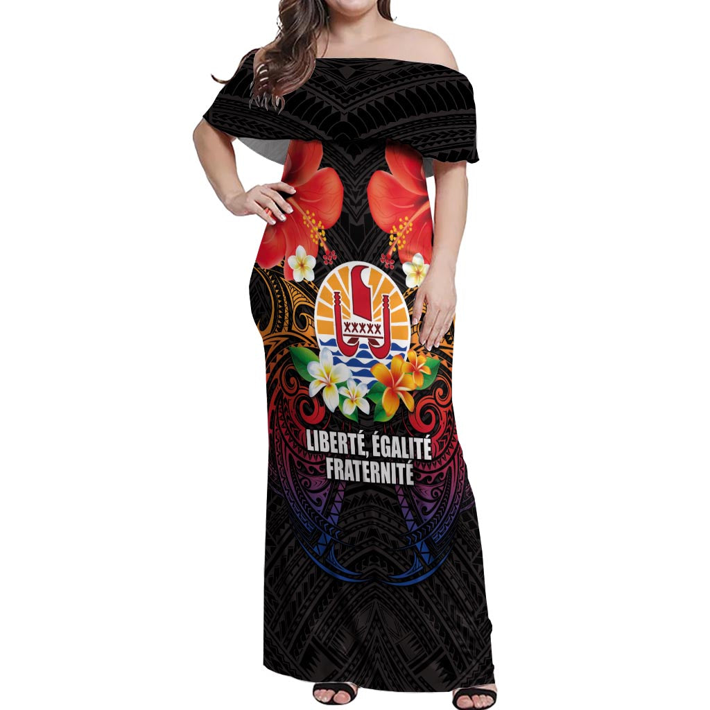 French Polynesia Bastille Day Off Shoulder Maxi Dress Tiare Flower and National Seal Polynesian Pattern LT03 Women Black - Polynesian Pride
