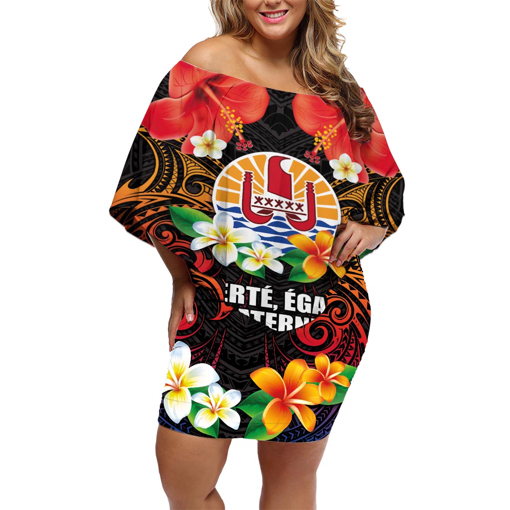 French Polynesia Bastille Day Off Shoulder Short Dress Tiare Flower and National Seal Polynesian Pattern LT03 Women Black - Polynesian Pride