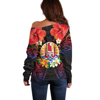 French Polynesia Bastille Day Off Shoulder Sweater Tiare Flower and National Seal Polynesian Pattern