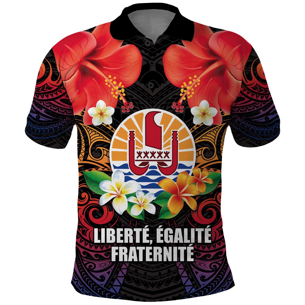 French Polynesia Bastille Day Polo Shirt Tiare Flower and National Seal Polynesian Pattern