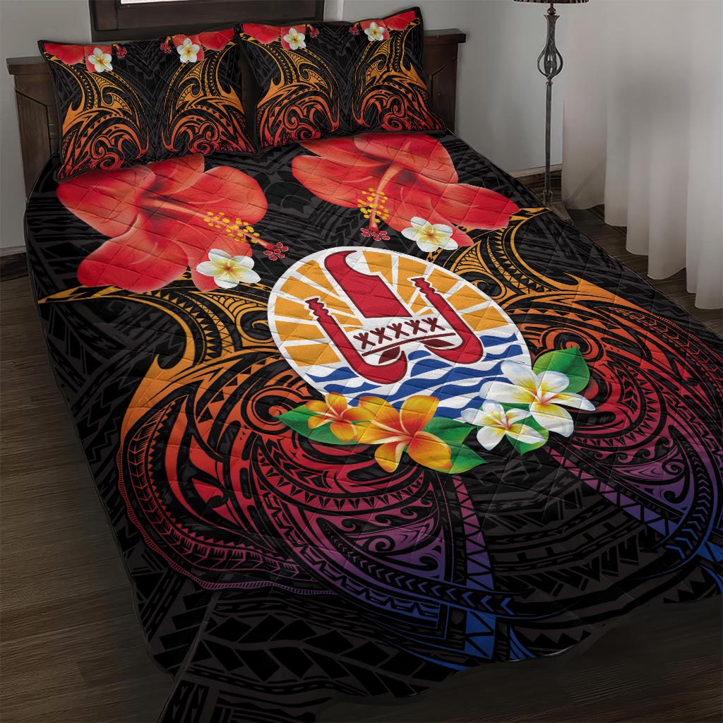 French Polynesia Bastille Day Quilt Bed Set Tiare Flower and National Seal Polynesian Pattern