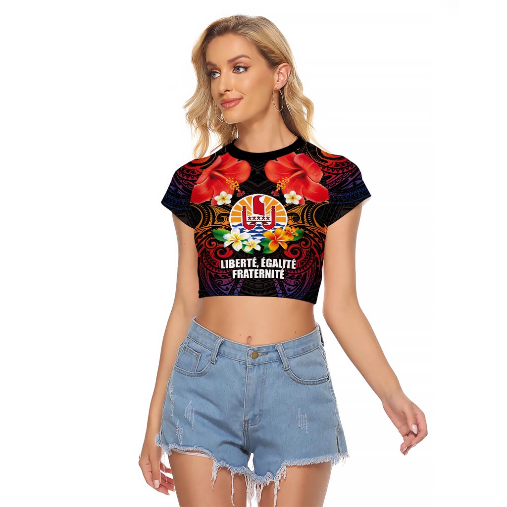 French Polynesia Bastille Day Raglan Cropped T Shirt Tiare Flower and National Seal Polynesian Pattern