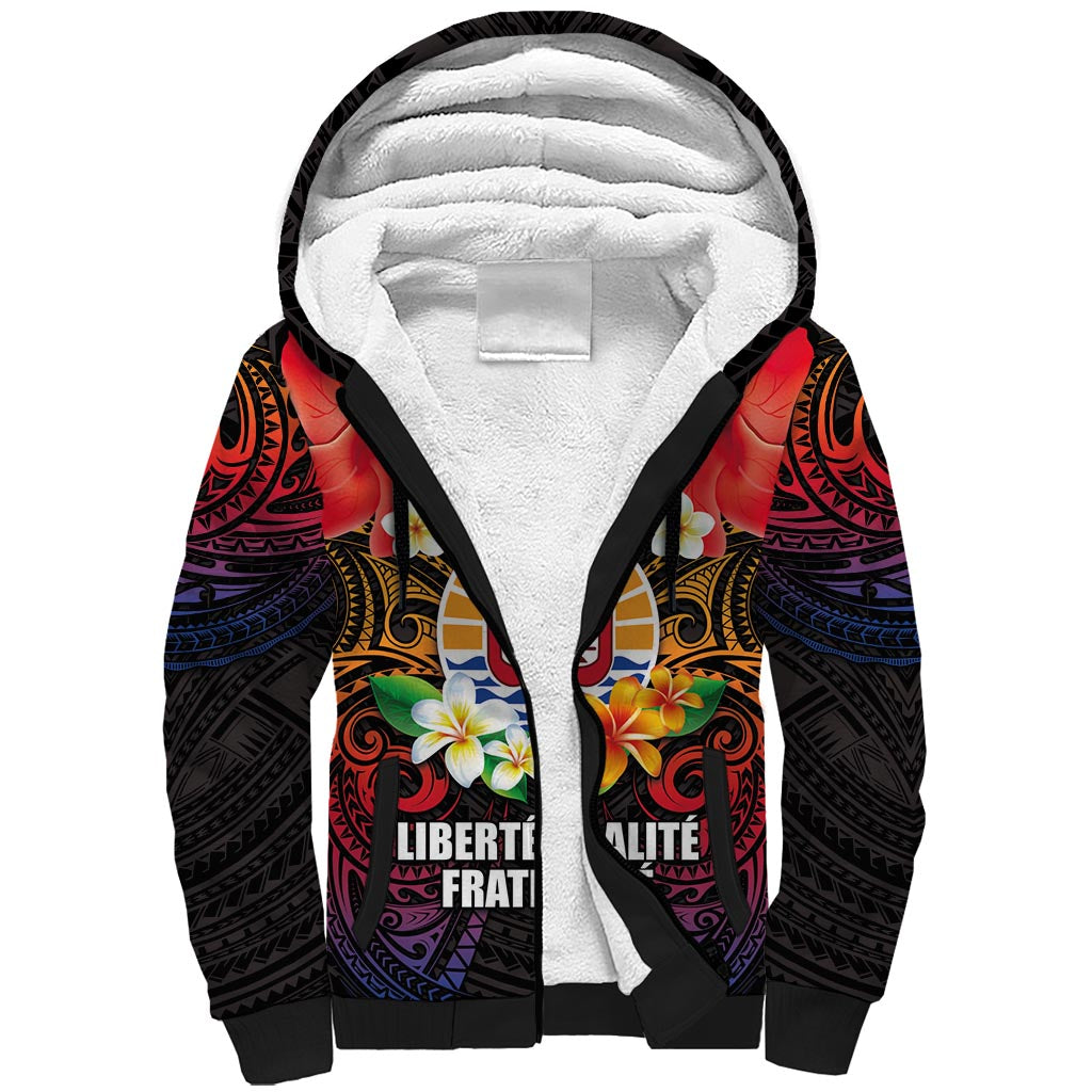French Polynesia Bastille Day Sherpa Hoodie Tiare Flower and National Seal Polynesian Pattern LT03 Unisex Black - Polynesian Pride