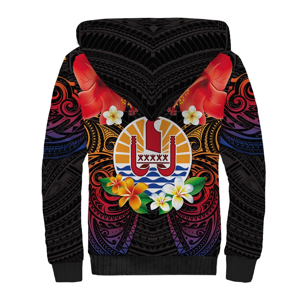 French Polynesia Bastille Day Sherpa Hoodie Tiare Flower and National Seal Polynesian Pattern LT03 - Polynesian Pride