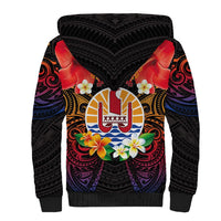 French Polynesia Bastille Day Sherpa Hoodie Tiare Flower and National Seal Polynesian Pattern LT03 - Polynesian Pride