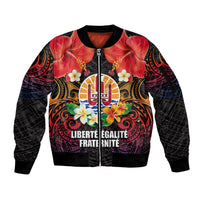 French Polynesia Bastille Day Sleeve Zip Bomber Jacket Tiare Flower and National Seal Polynesian Pattern LT03 Unisex Black - Polynesian Pride