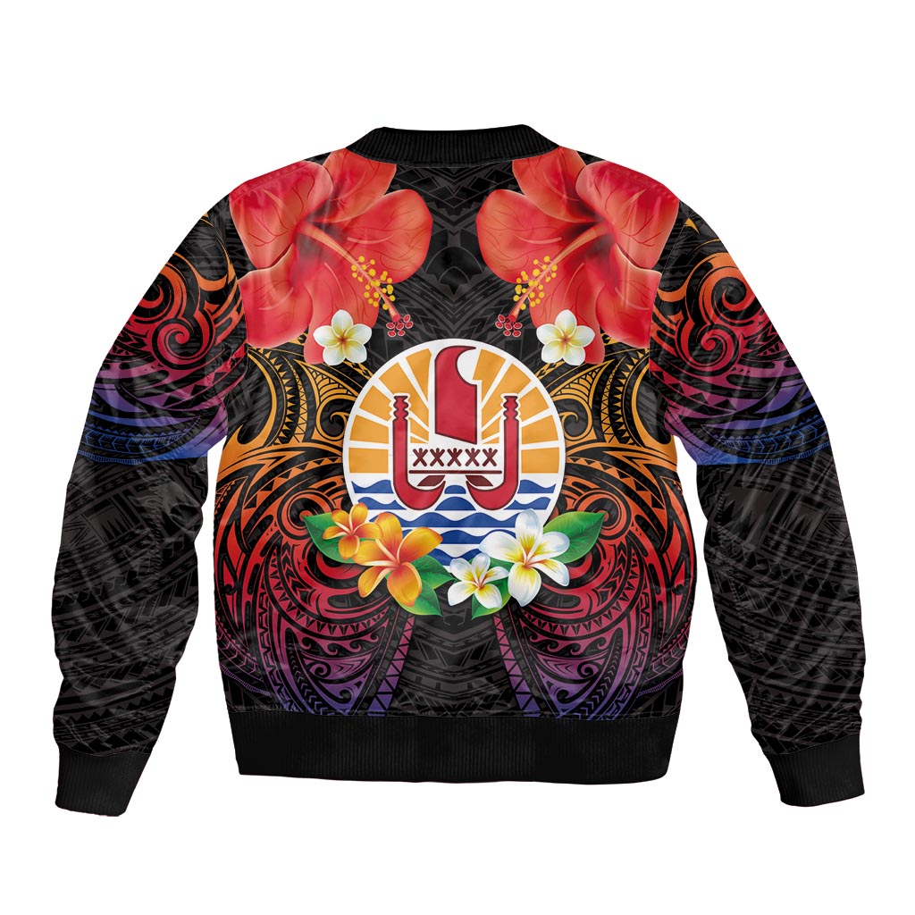 French Polynesia Bastille Day Sleeve Zip Bomber Jacket Tiare Flower and National Seal Polynesian Pattern LT03 - Polynesian Pride