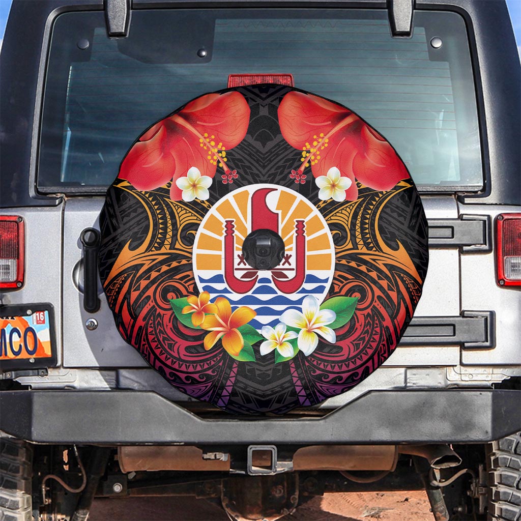 French Polynesia Bastille Day Spare Tire Cover Tiare Flower and National Seal Polynesian Pattern