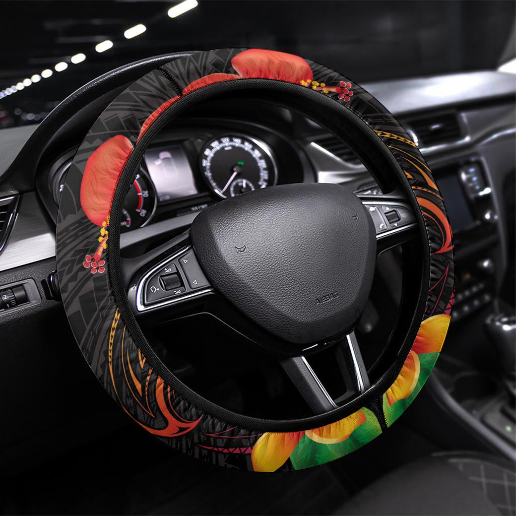 French Polynesia Bastille Day Steering Wheel Cover Tiare Flower and National Seal Polynesian Pattern LT03 Universal Fit Black - Polynesian Pride